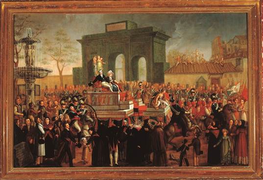 Anónimo, La entrada triunfal de Fernando VII y su esposa M.ª Josefa Amalia de Sajonia en Madrid en 1823, c. 1824. Palacio Real de Madrid, Patrimonio Nacional, Madrid, España.
