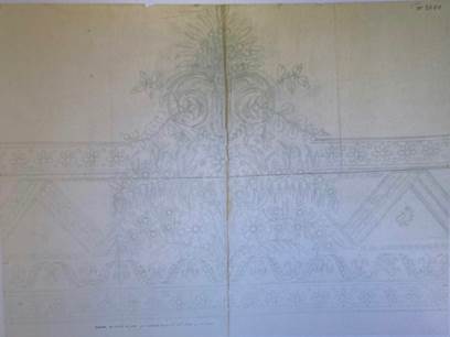 Dibujo del bordado del vestido de gala o media gala que usaba la Reyna y SSAA copiado por el bordador Francisco Rodríguez, años 1814-1816. Original realizado por Juan López de Robredo entre los años 1800-1808. Fuente: AGP, administración general, leg. 980. Fotografía por la autora.