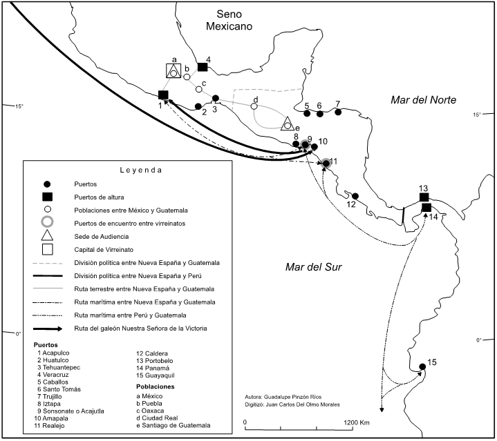 Mapa de la ruta del galeón Nuestra Señora de la Victoria en el marco de los contactos marítimos practicados en las costas centroamericanas
