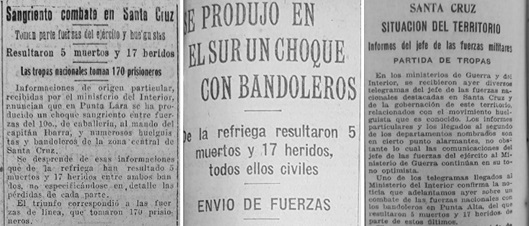 Comparación de la misma noticia
publicada el día 21 de noviembre de 1921 en La
Razón (izquierda), y 22 de noviembre en La Nación (centro) y La Prensa (derecha)